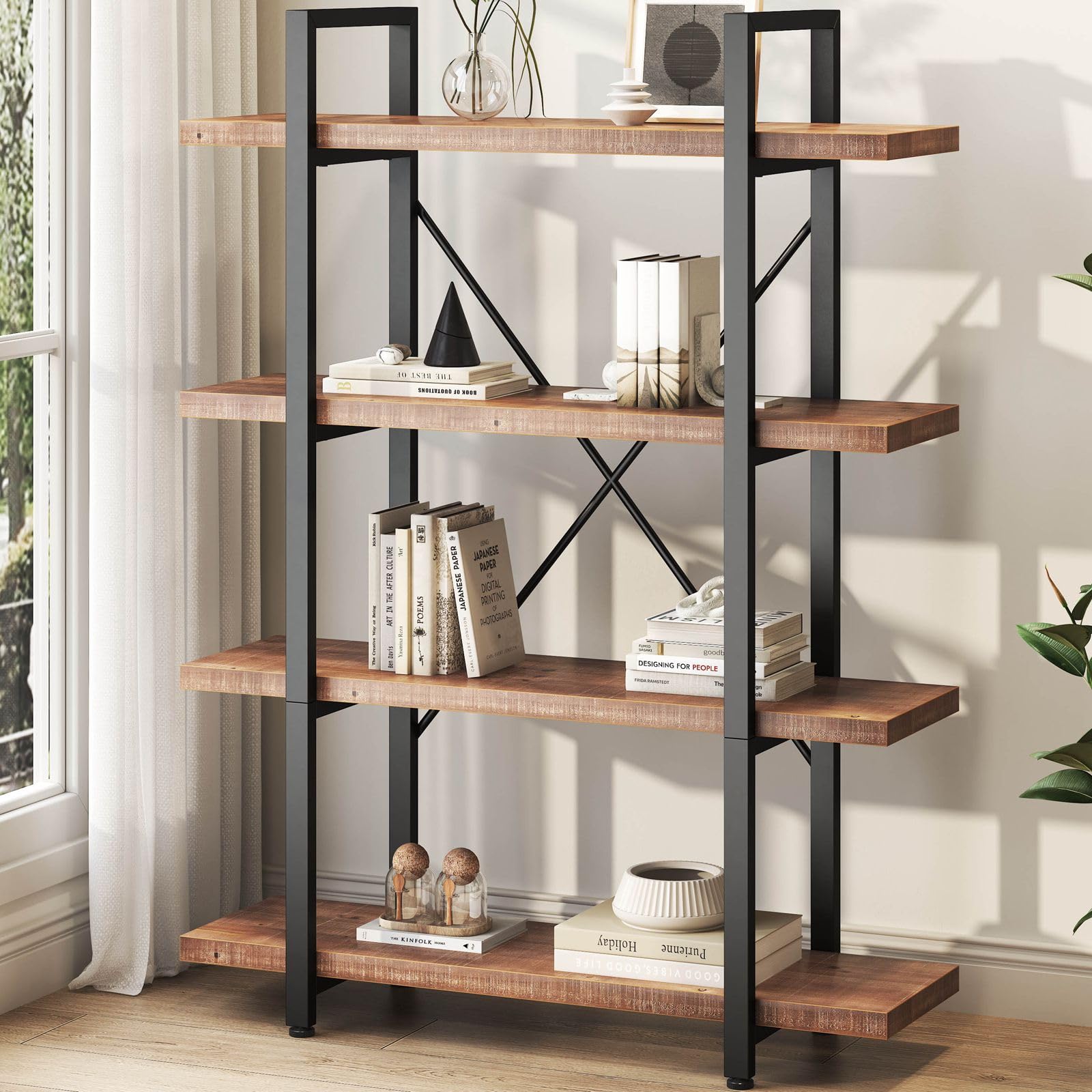 HSH 4 Tier Natural Real Wood Bookshelf, 4 Shelf Rustic Solid